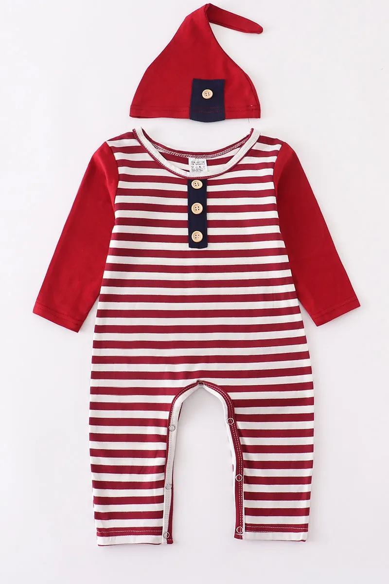 Baby Boy Red Stripe Romper Hat Set