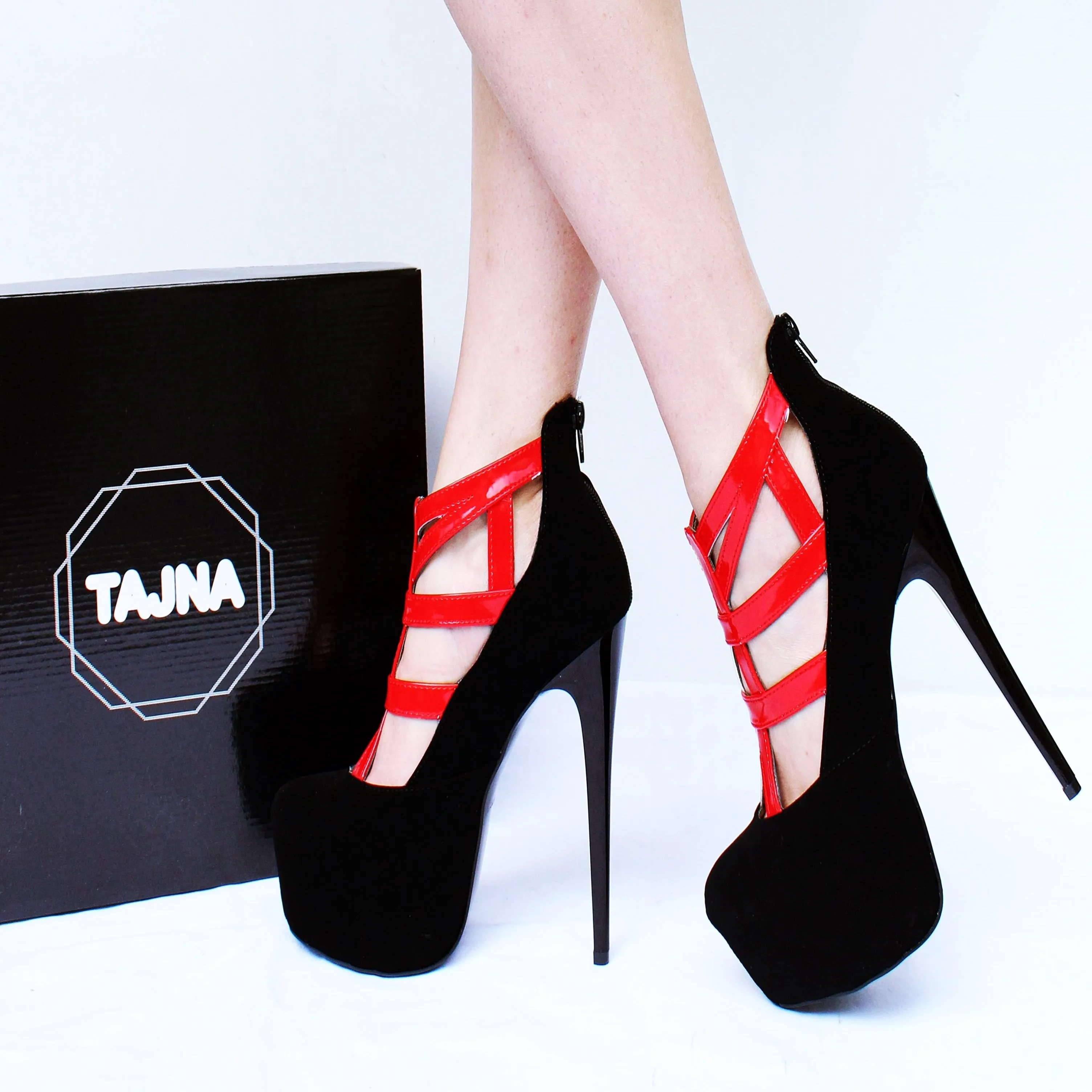 Black Red Cage High Heel Ankle Platforms