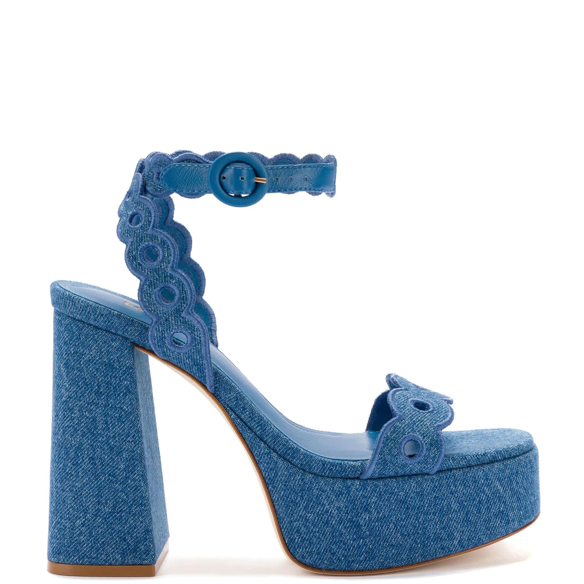 Dolly Broderie Sandal In Blue Stoned Denim