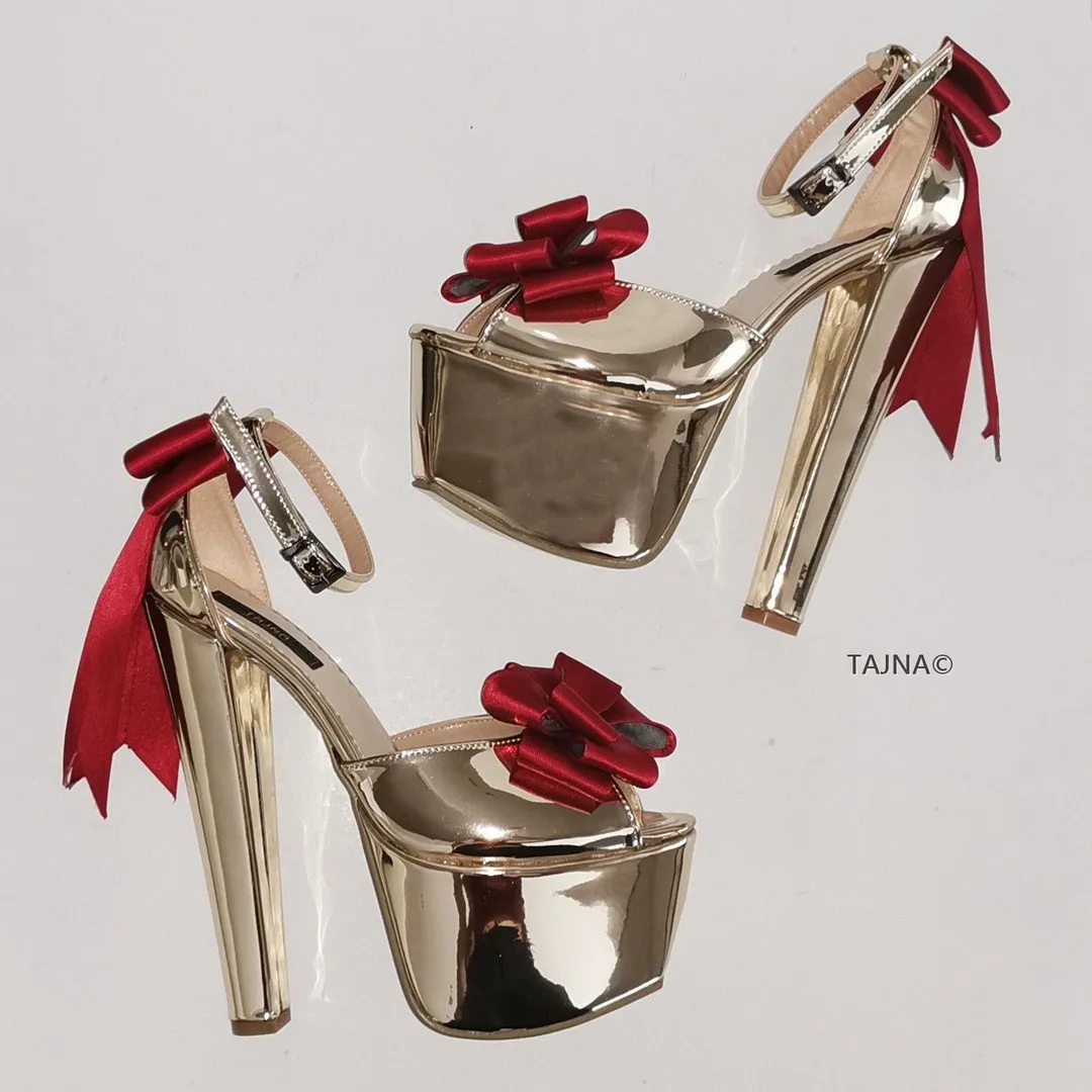 Gold Mirror Ribbon Detail Chunky Heels