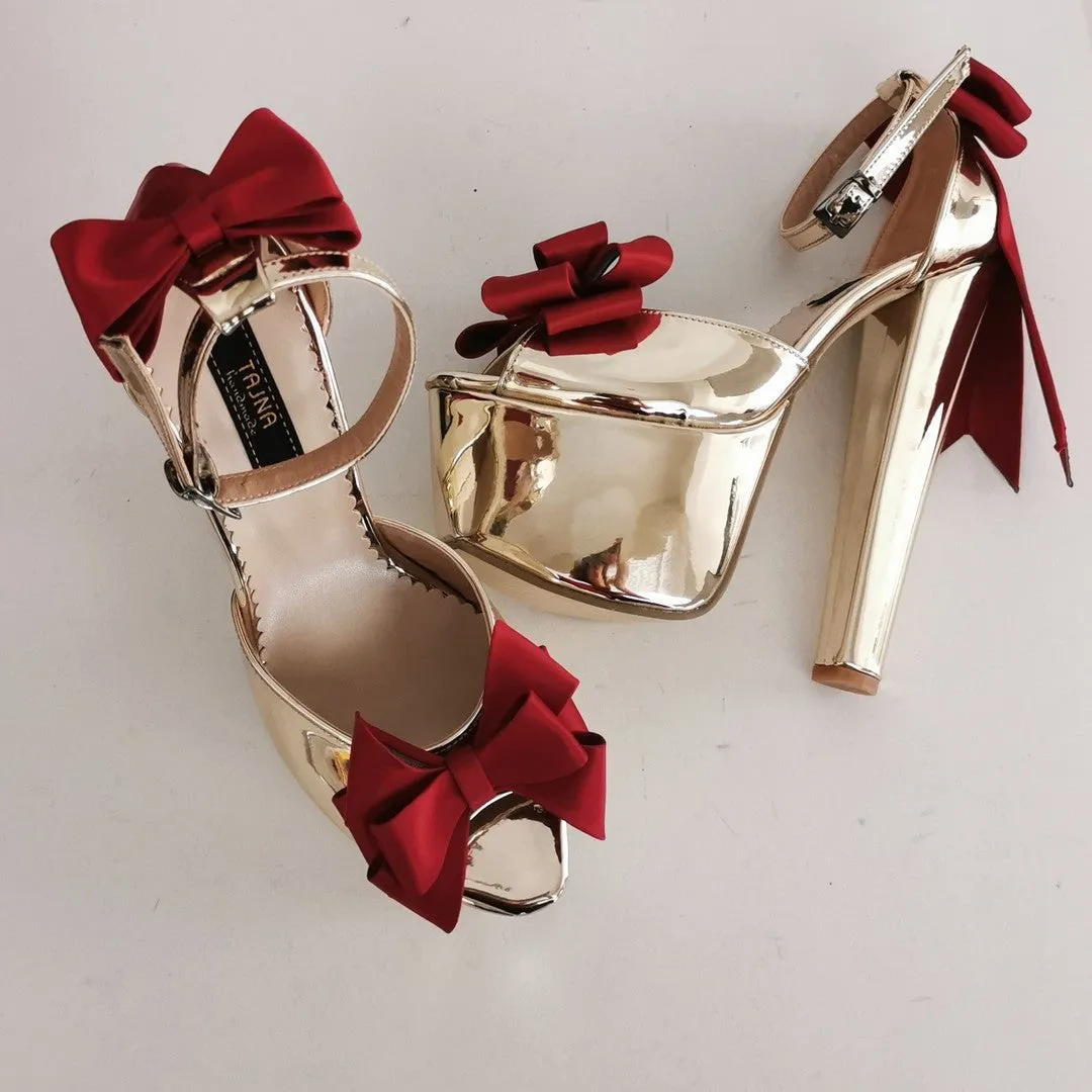 Gold Mirror Ribbon Detail Chunky Heels