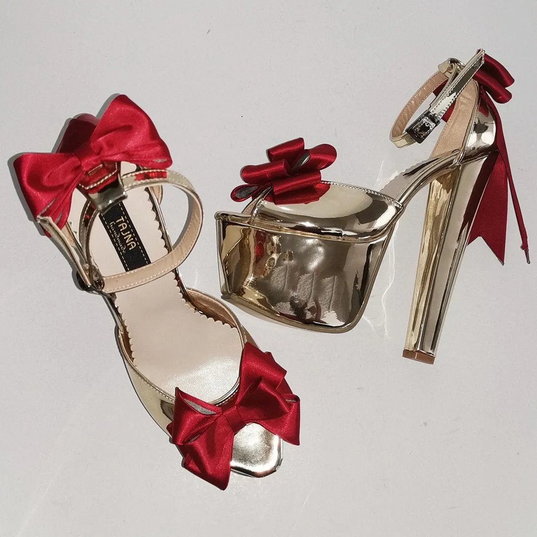 Gold Mirror Ribbon Detail Chunky Heels