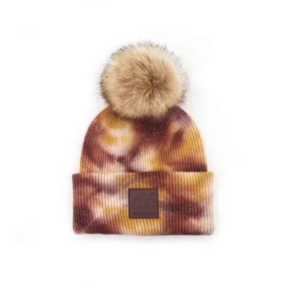 Hat - Tie Dye Brown Pom