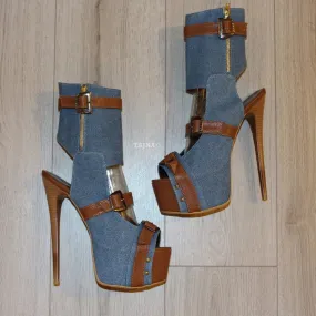 Jean Denim Belted Ankle Platform Shoes