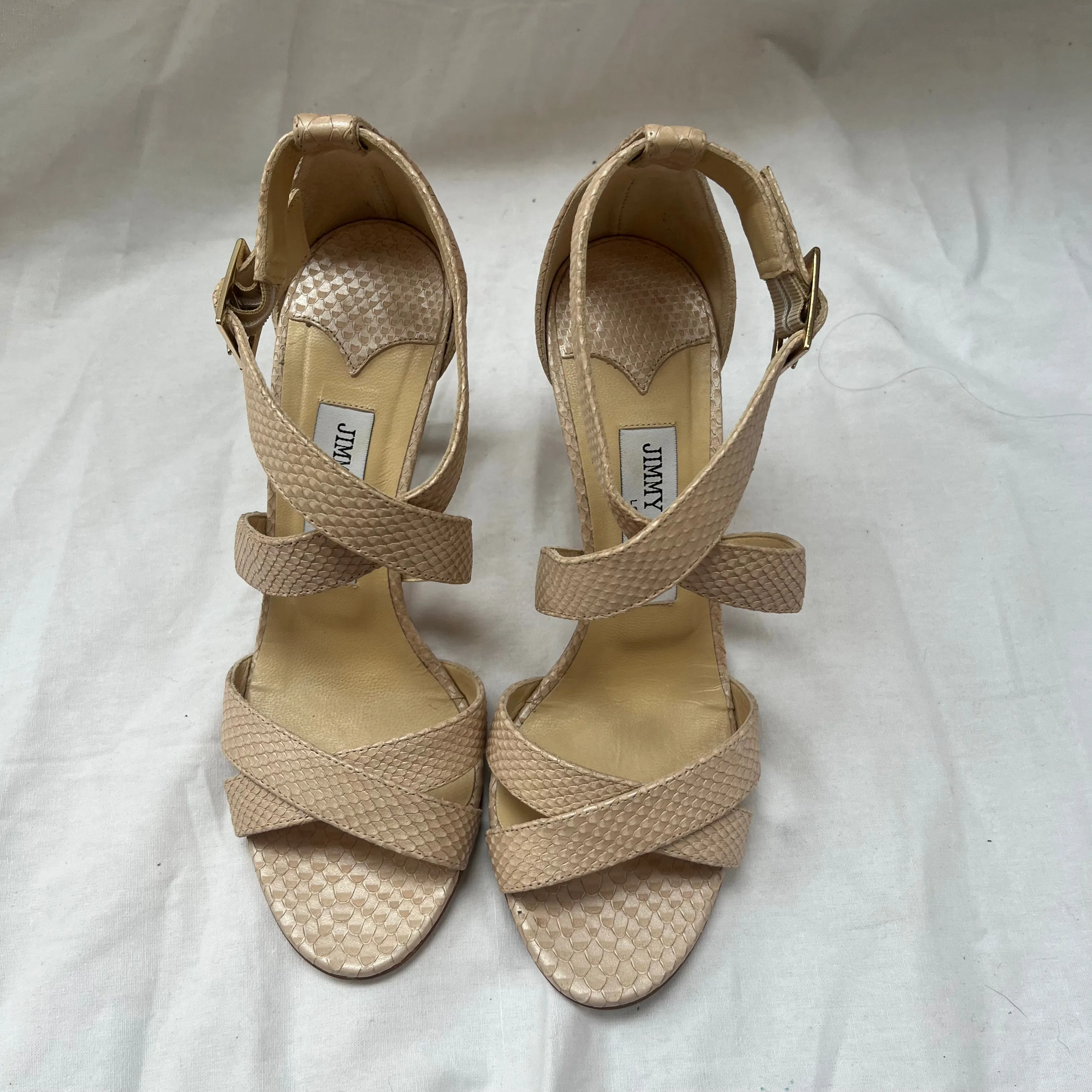 Jimmy Choo 475 Nude Pearl Printed Leather Louise Sandals 37.5