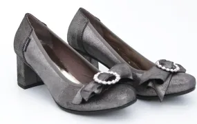 MARCO MOREO Pewter Leather Block Heel Court Shoe With Bow Detail