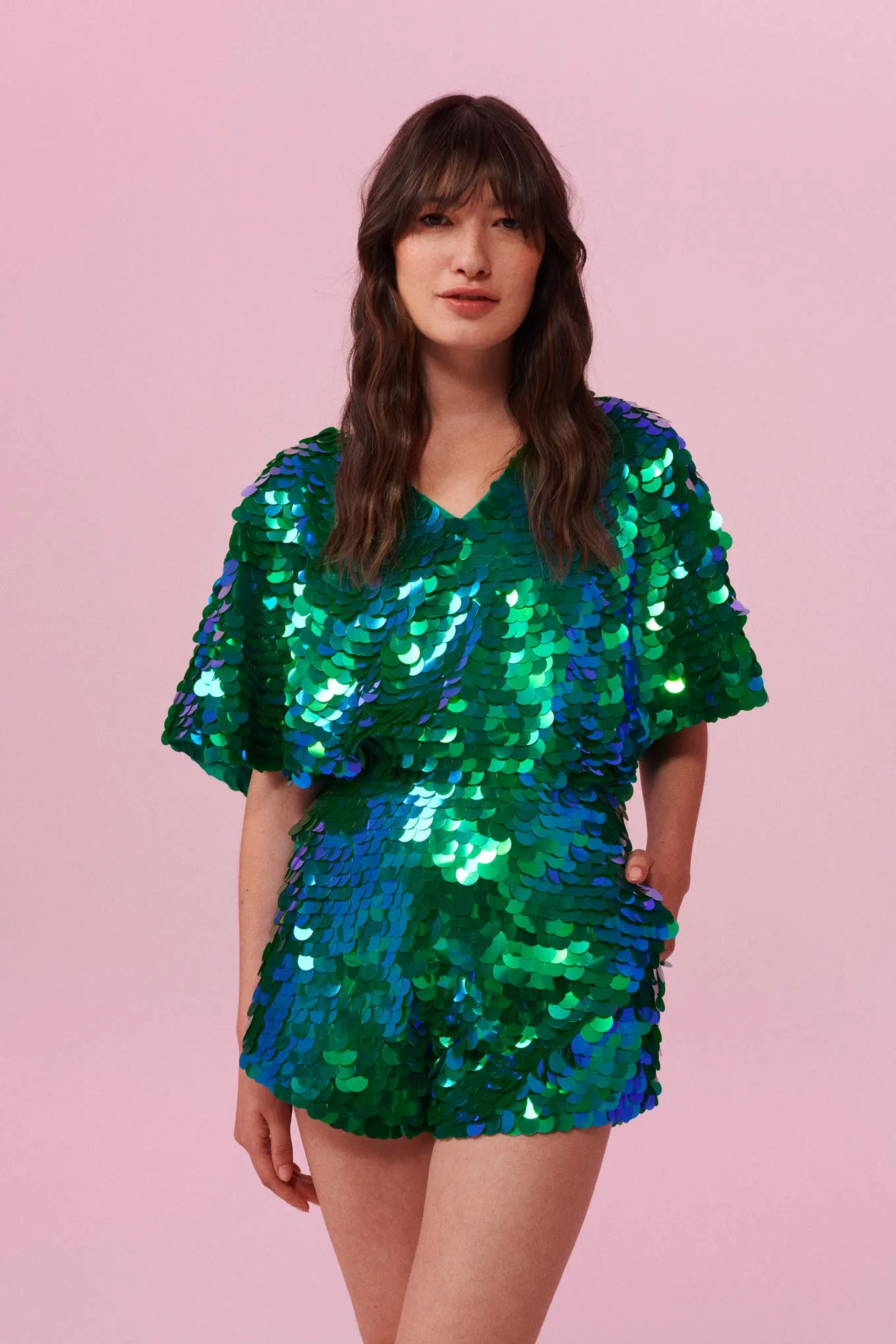 MELLA SEQUIN CAPE PLAYSUIT - EMERALD