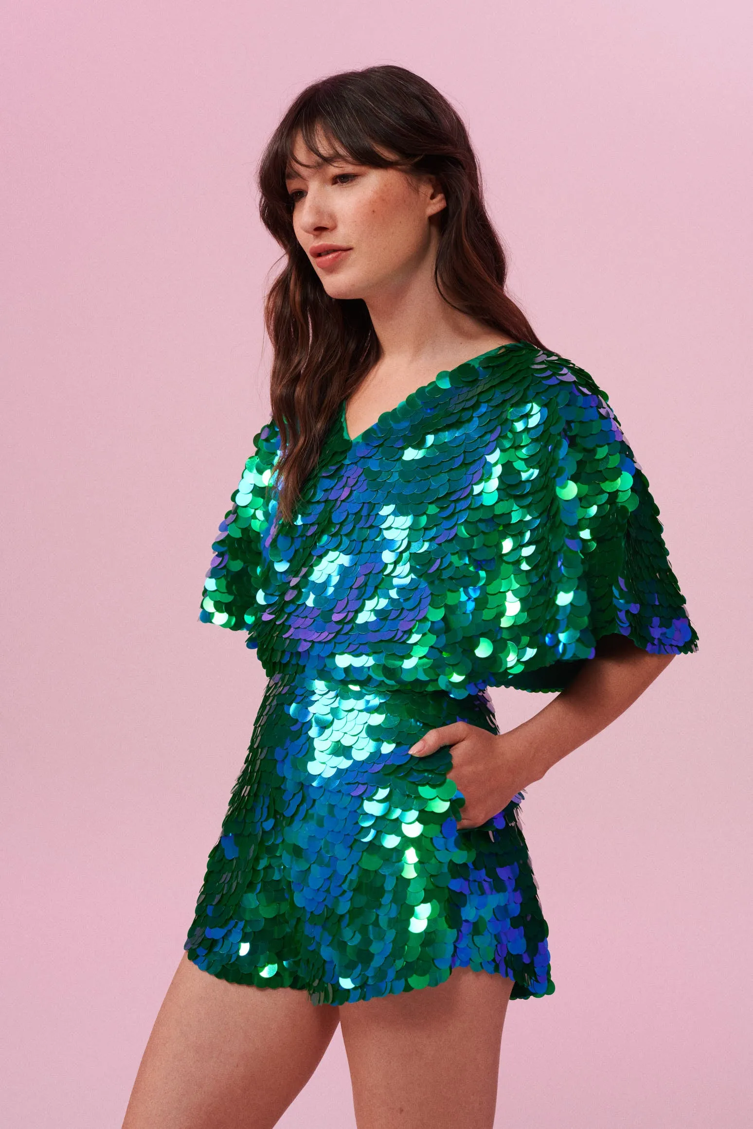 MELLA SEQUIN CAPE PLAYSUIT - EMERALD