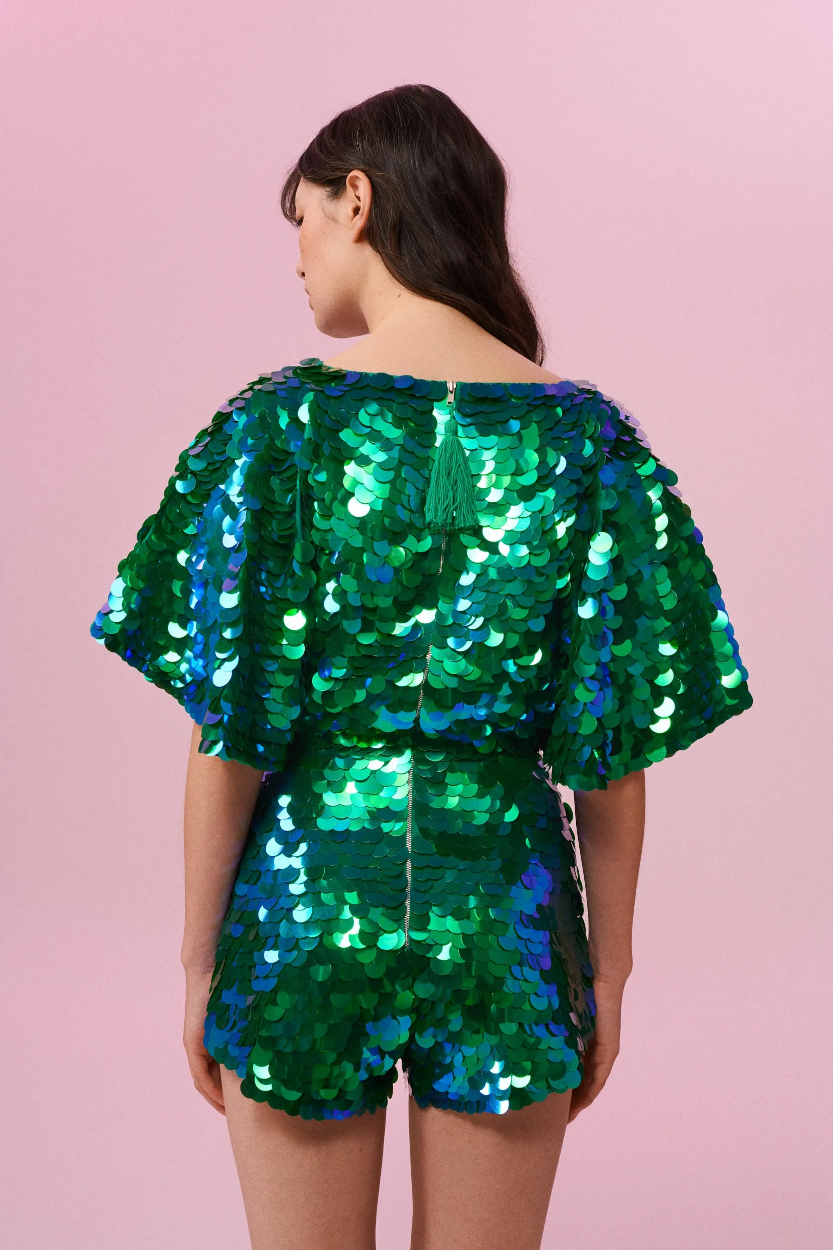 MELLA SEQUIN CAPE PLAYSUIT - EMERALD