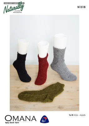 Naturally Omana Sock Knitting Pattern 4ply N1518 Kids - Adults